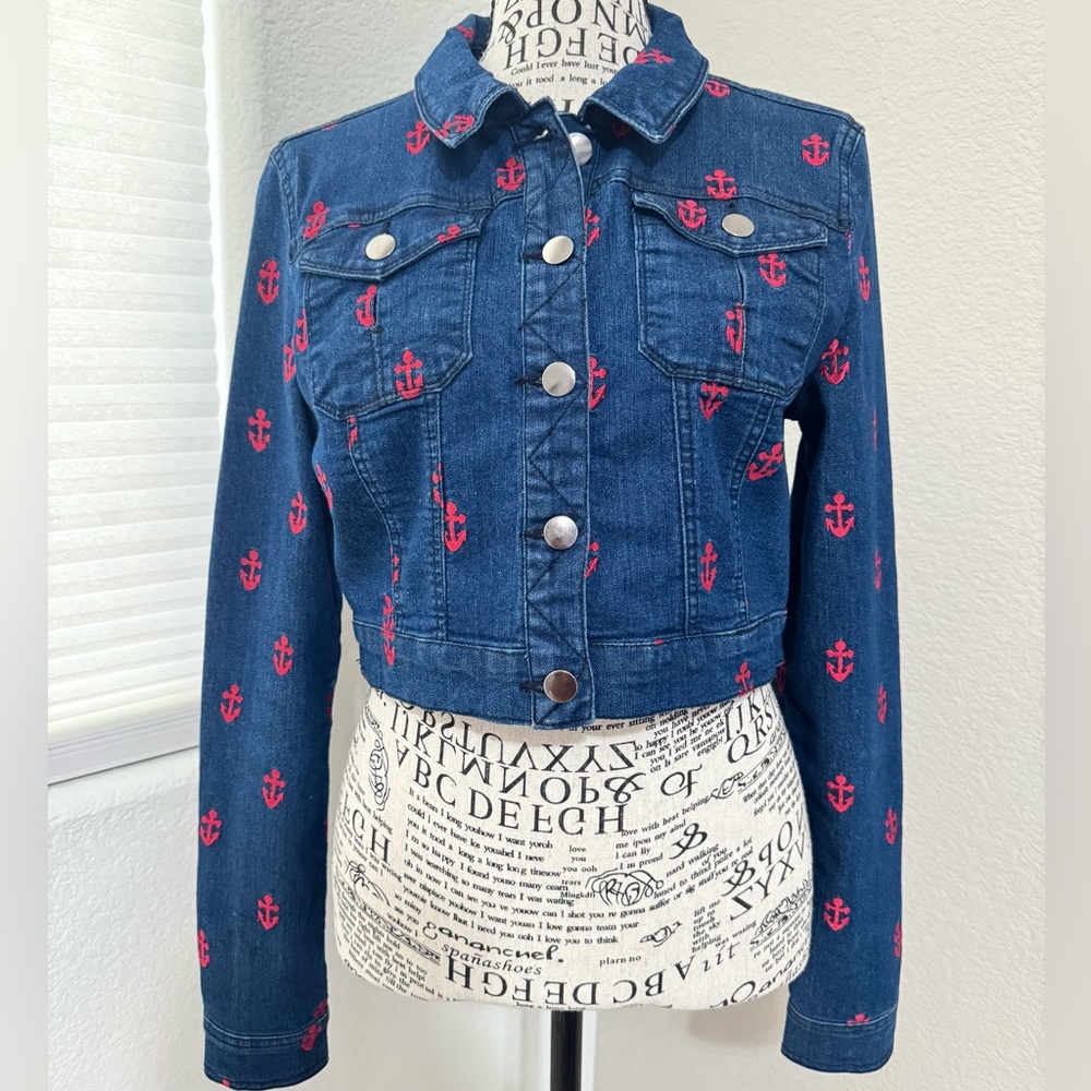 Forever 21 Premium Denim Cropped Jean Jacket Red Anchor Embroidery  2000s Size M